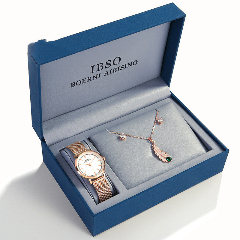Women’s Watch with Zircon Necklace & Earrings – Ibso