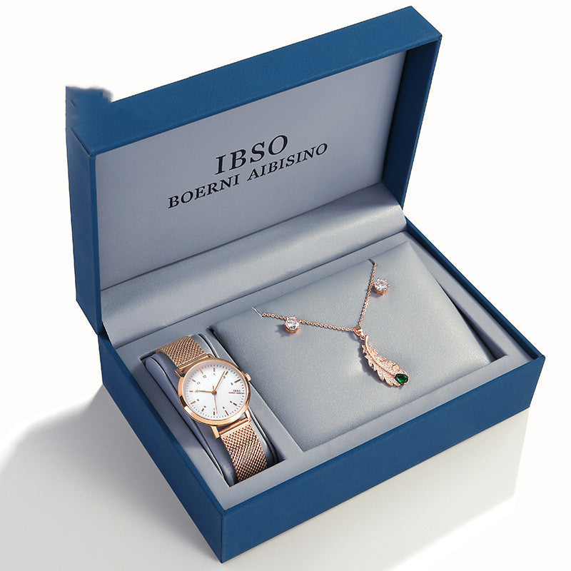 Women’s Watch with Zircon Necklace & Earrings – Ibso