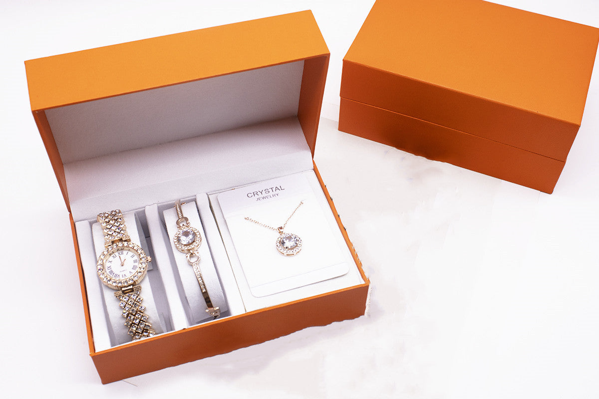 Luxury 3-Piece Rhinestone Watch & Jewelry Set