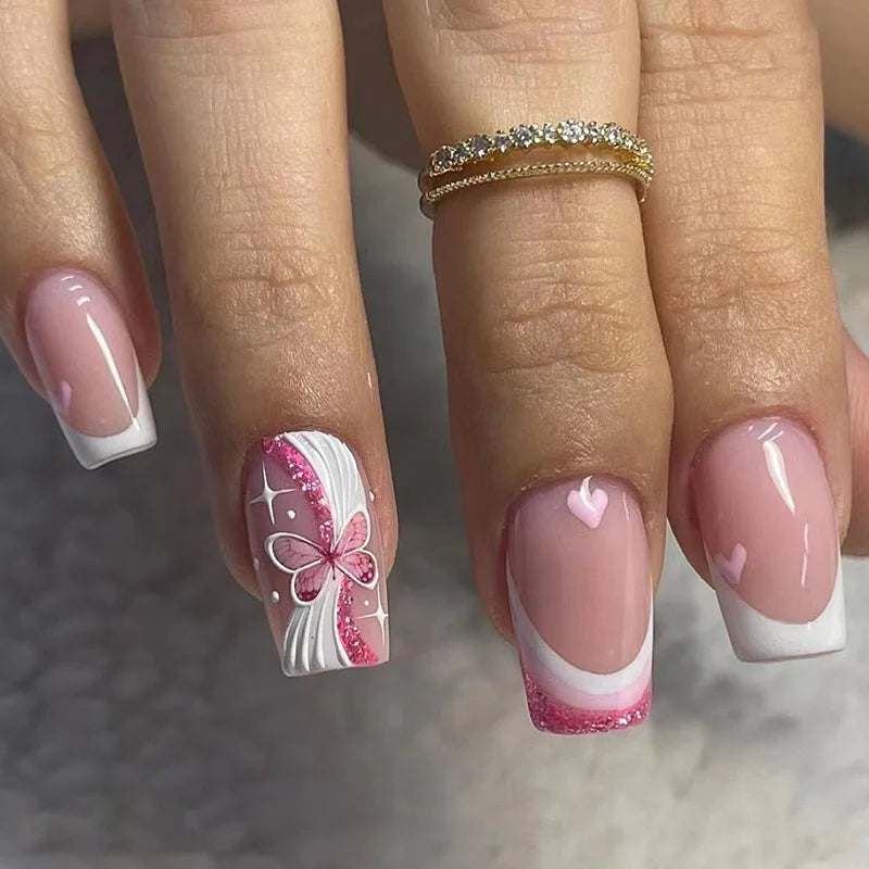24pcs French Leopard Print False Nails – Full Coverage, Waterproof, Press–On with Tools