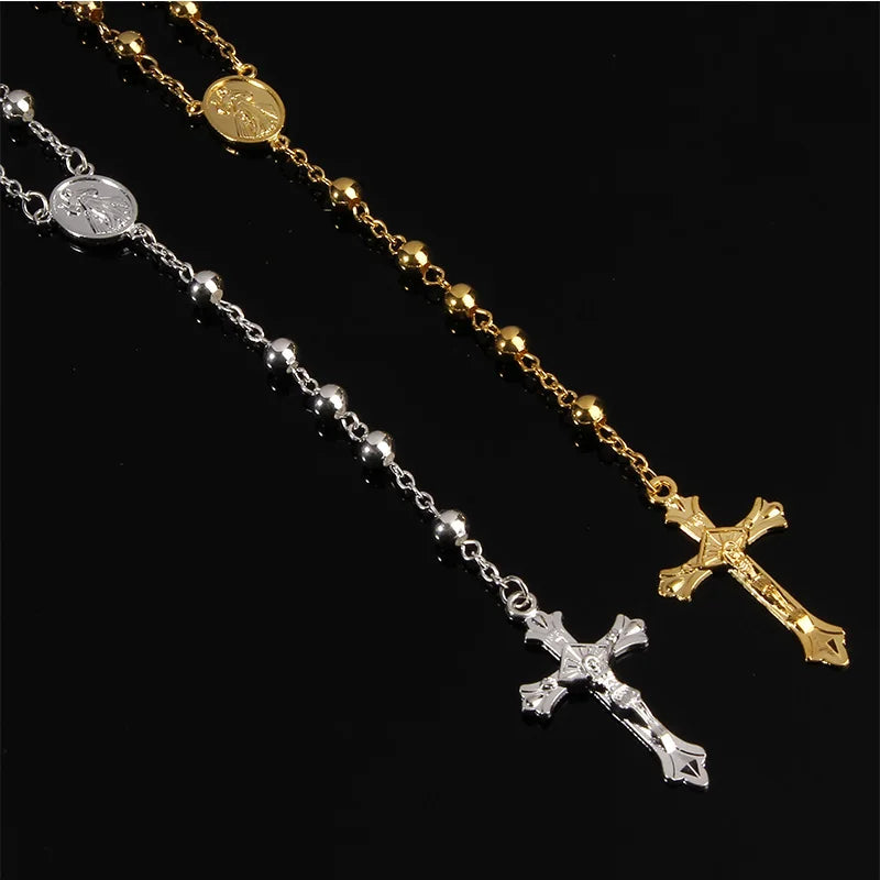 Classic 6MM Rosary Necklace – Stainless Steel Beads with Cross Pendant, Masterfully Crafted Design