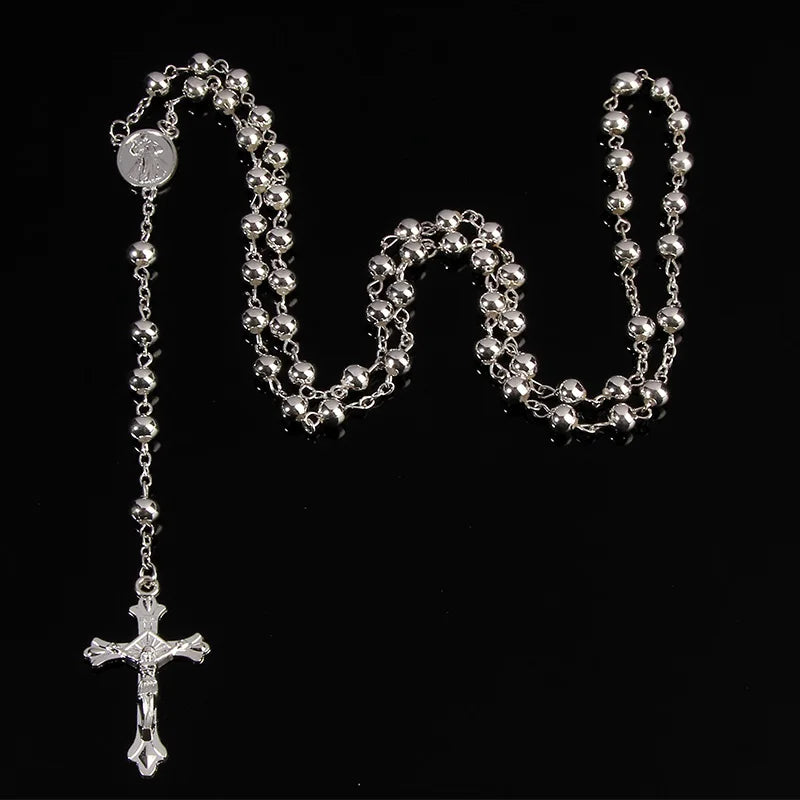 Classic 6MM Rosary Necklace – Stainless Steel Beads with Cross Pendant, Masterfully Crafted Design