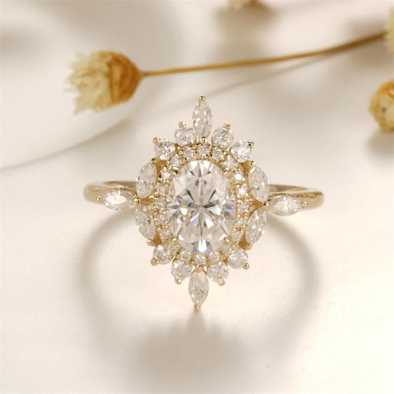 Solid 14K Yellow Gold Oval-Cut Moissanite Engagement Ring | 1CT Handcrafted Floral Design for Women