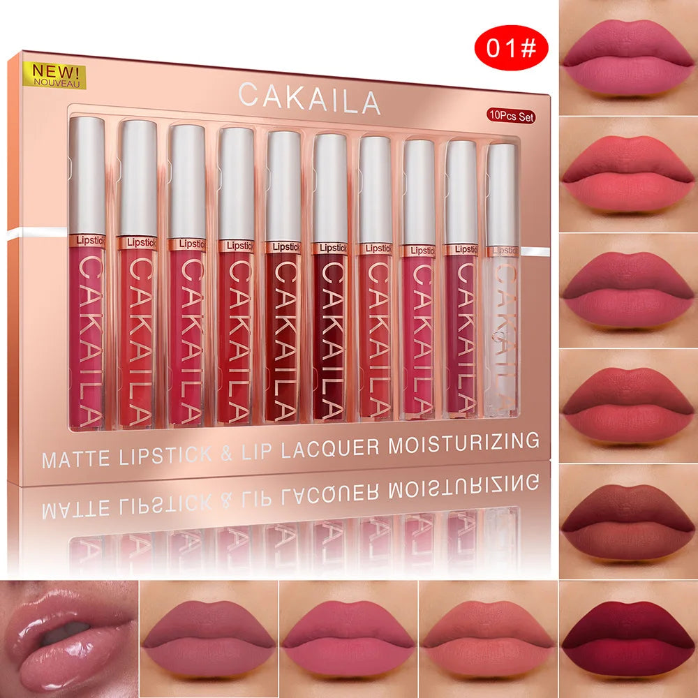 10-Piece Velvet Nude Lip Gloss & Lipstick Set – Waterproof, Long-Wear Moist Tint, Elegant Matte Finish