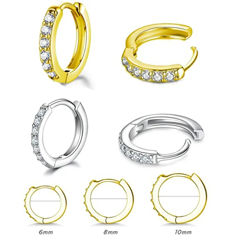 2-Piece Stainless Steel Minimalist Hoop Earrings – Crystal Zirconia Huggie for Cartilage, Helix, Tragus Piercing