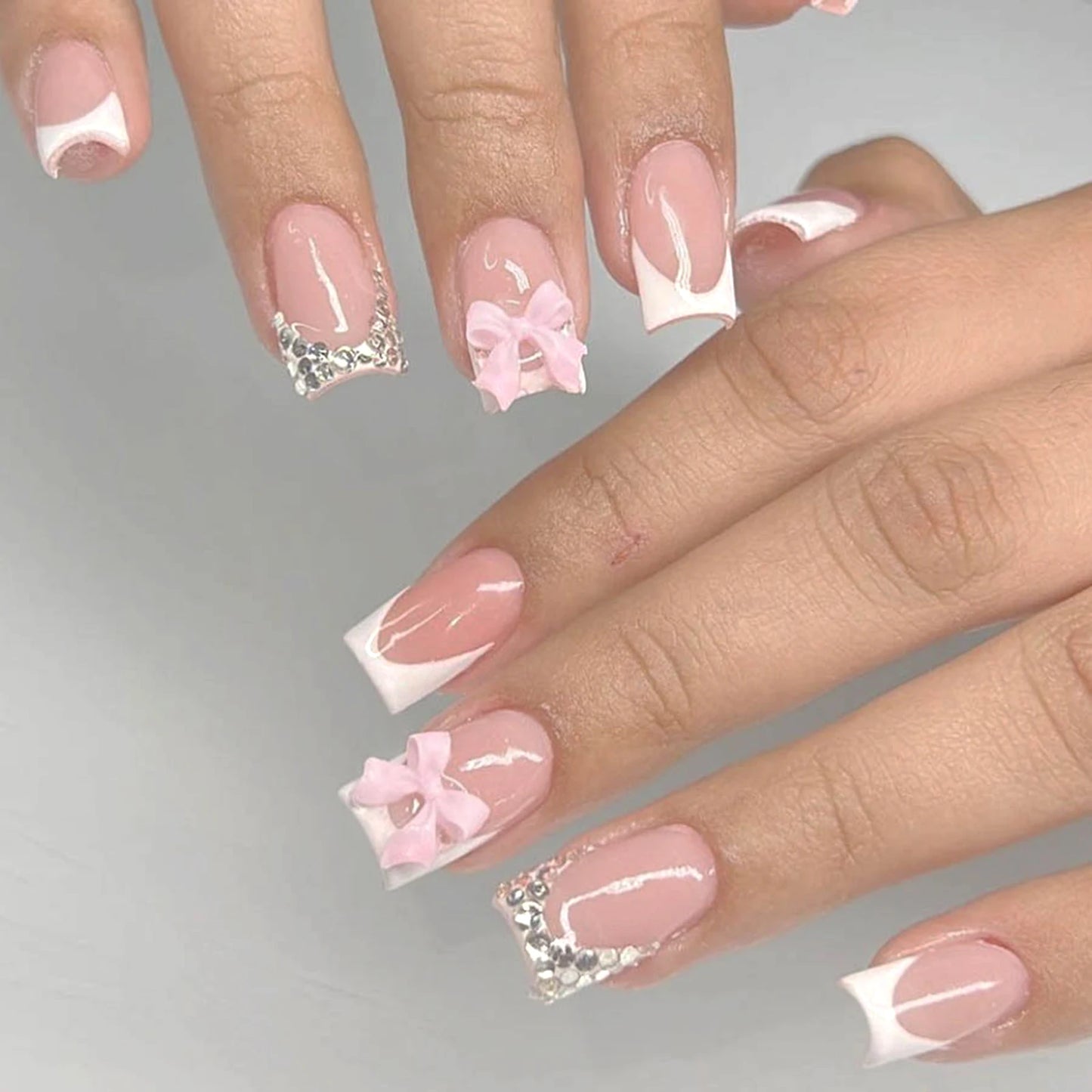 24pcs White French Press-On Nails – 3D Bowknot Design, Full Cover Wearable Set for Women
