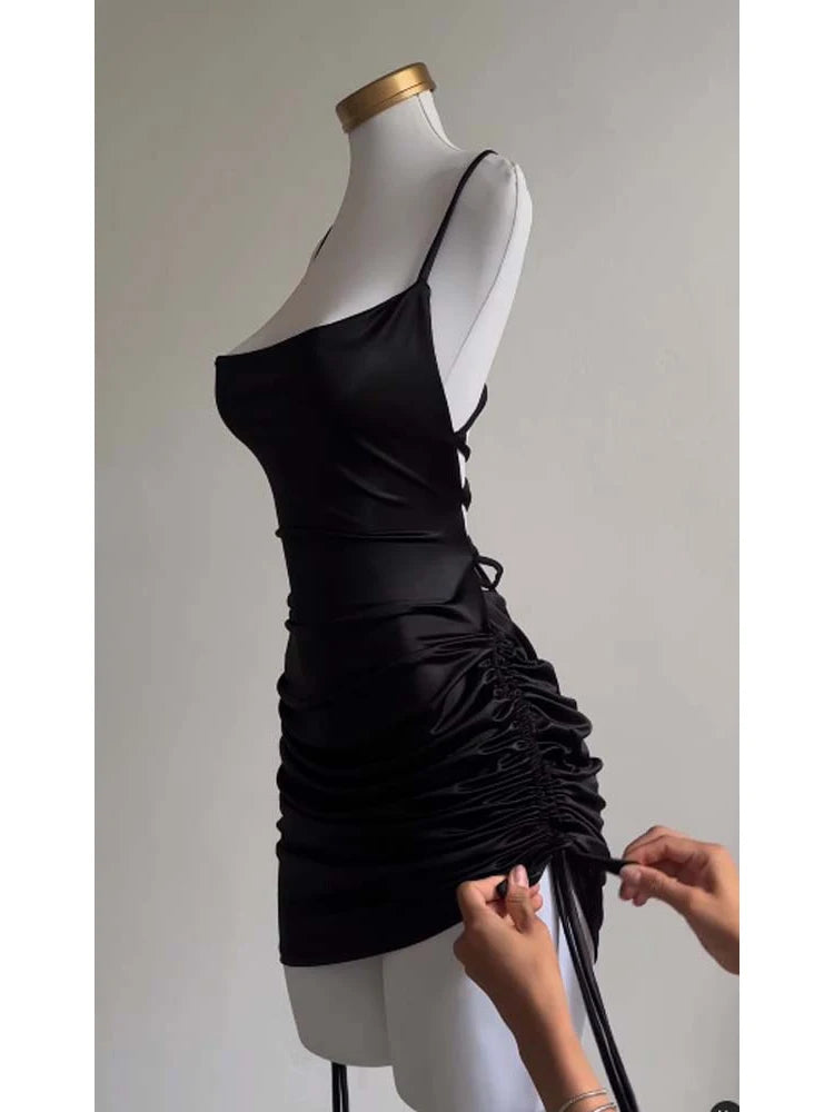 Women's Satin Bodycon Mini Dress – Sleeveless, Backless, Lace-Up Party Style