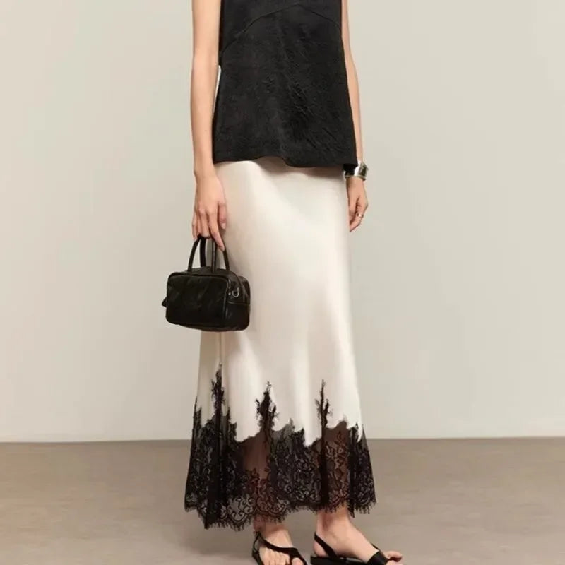 Women's Satin Midi Skirt with Detailed Floral Lace