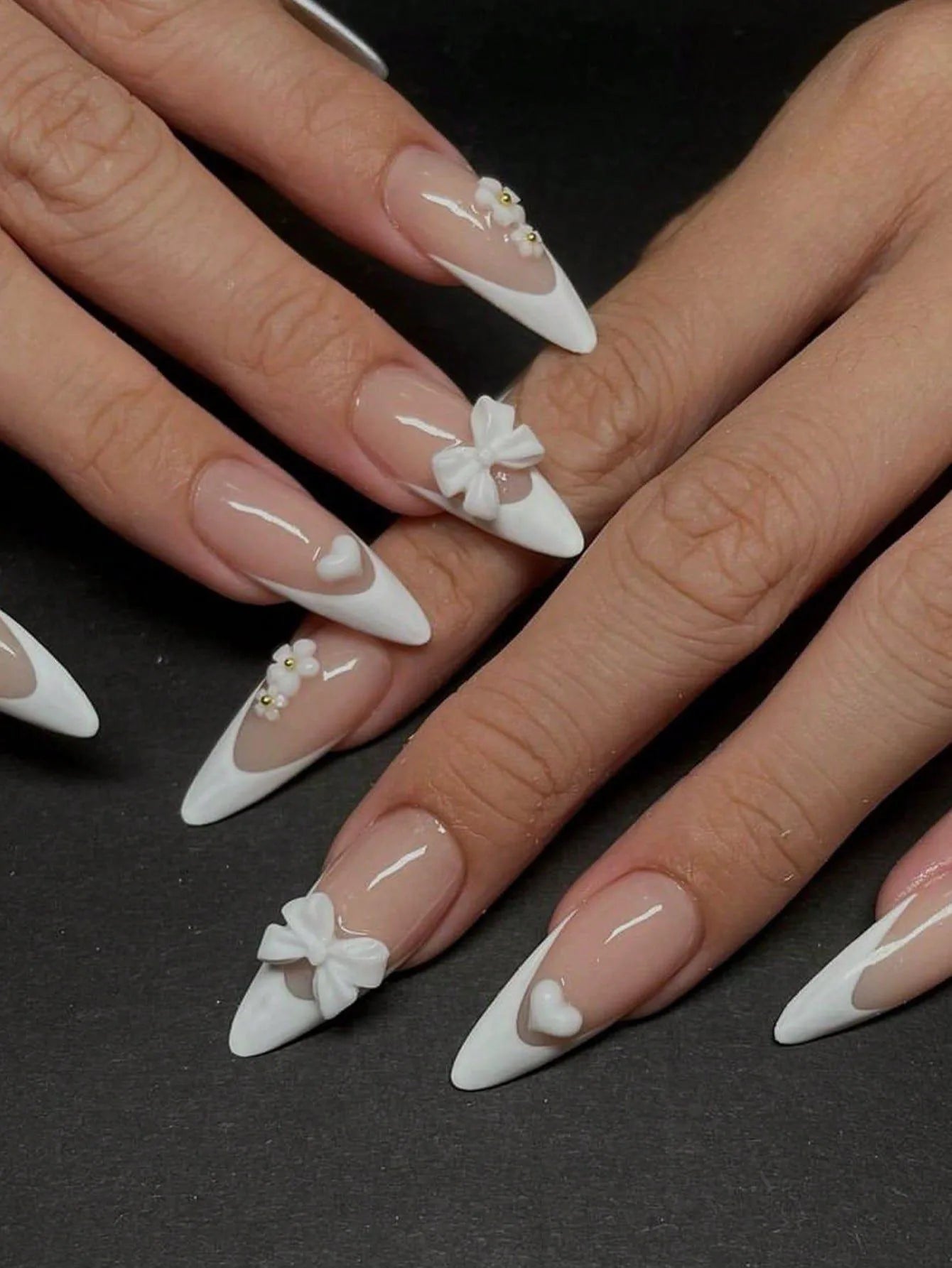 24pcs Medium Stiletto Press-On Nails – Pink Bowknot Fingertip Design, Full Cover Set