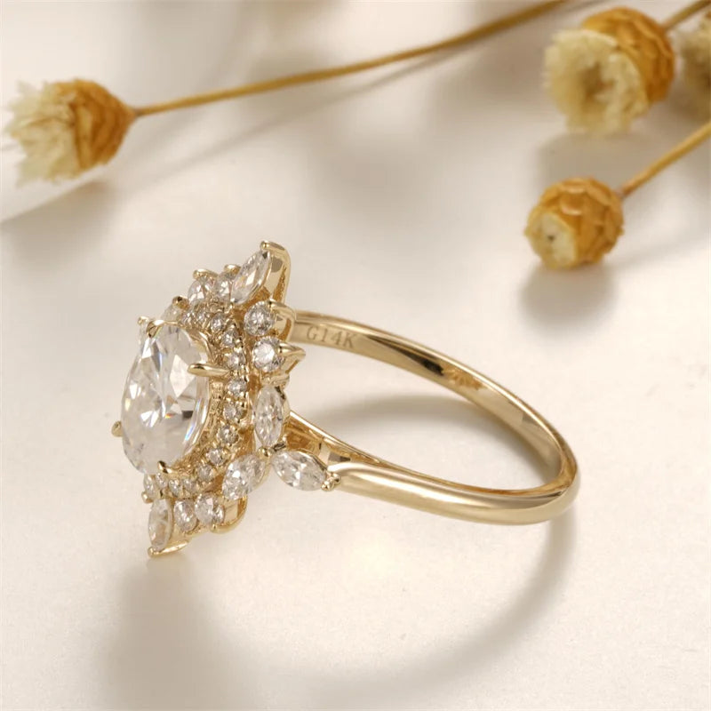 Solid 14K Yellow Gold Oval-Cut Moissanite Engagement Ring | 1CT Handcrafted Floral Design for Women