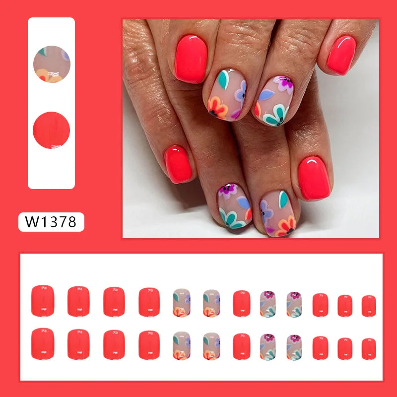 24pcs Pink Gradient Press-On Nails – Yellow Flower Design, Glossy Finish, Reusable Full Cover