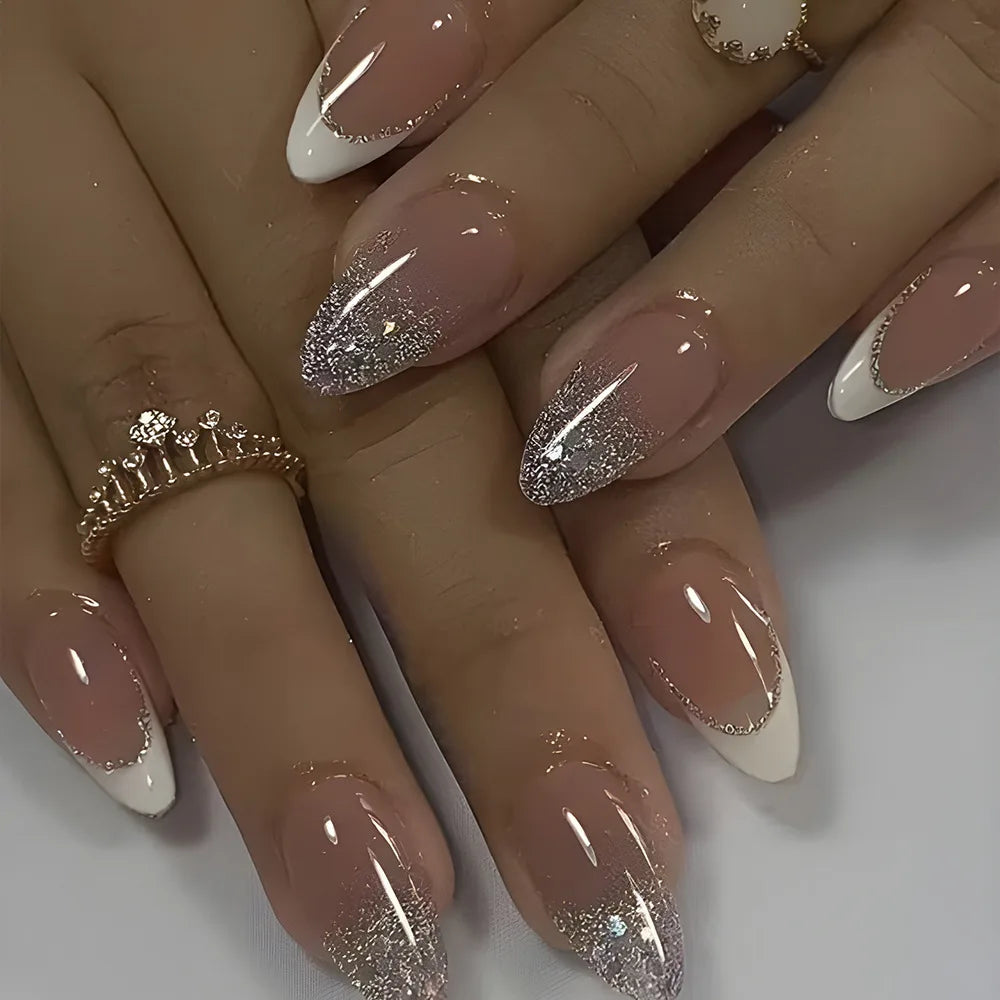 24pcs Long Almond French Tip Press-On Nails – Simple Full Cover Design
