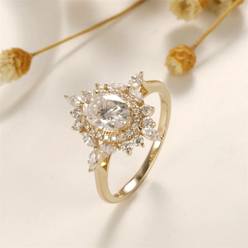 Solid 14K Yellow Gold Oval-Cut Moissanite Engagement Ring | 1CT Handcrafted Floral Design for Women
