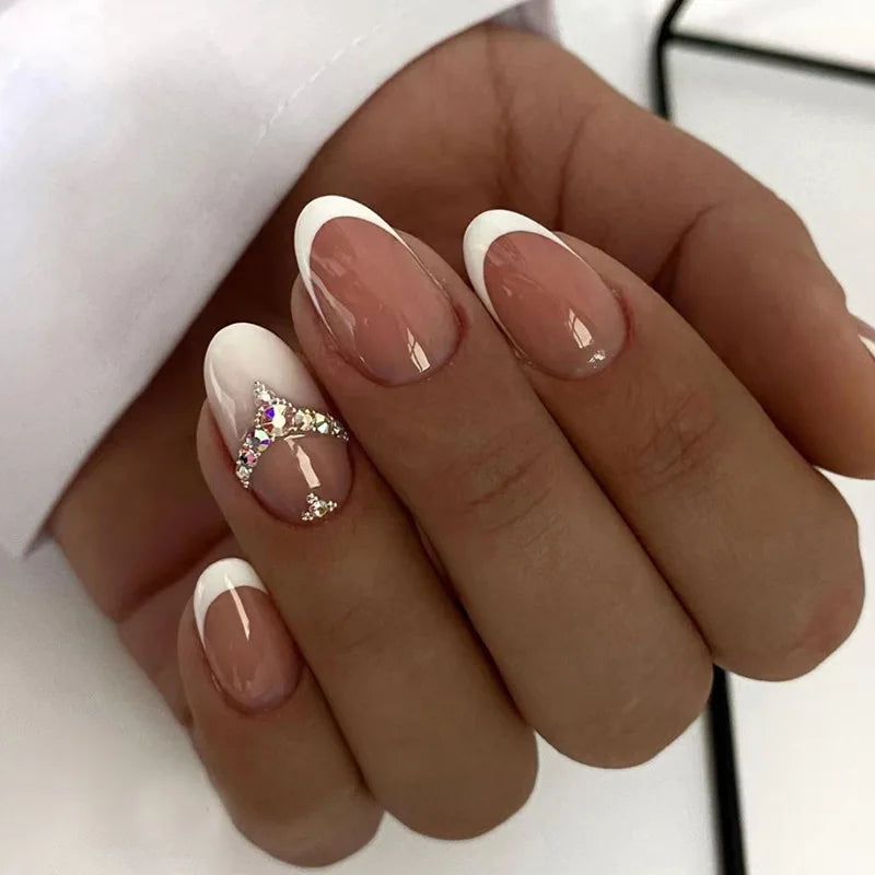 24pcs Long Almond French Tip Press-On Nails – Simple Full Cover Design