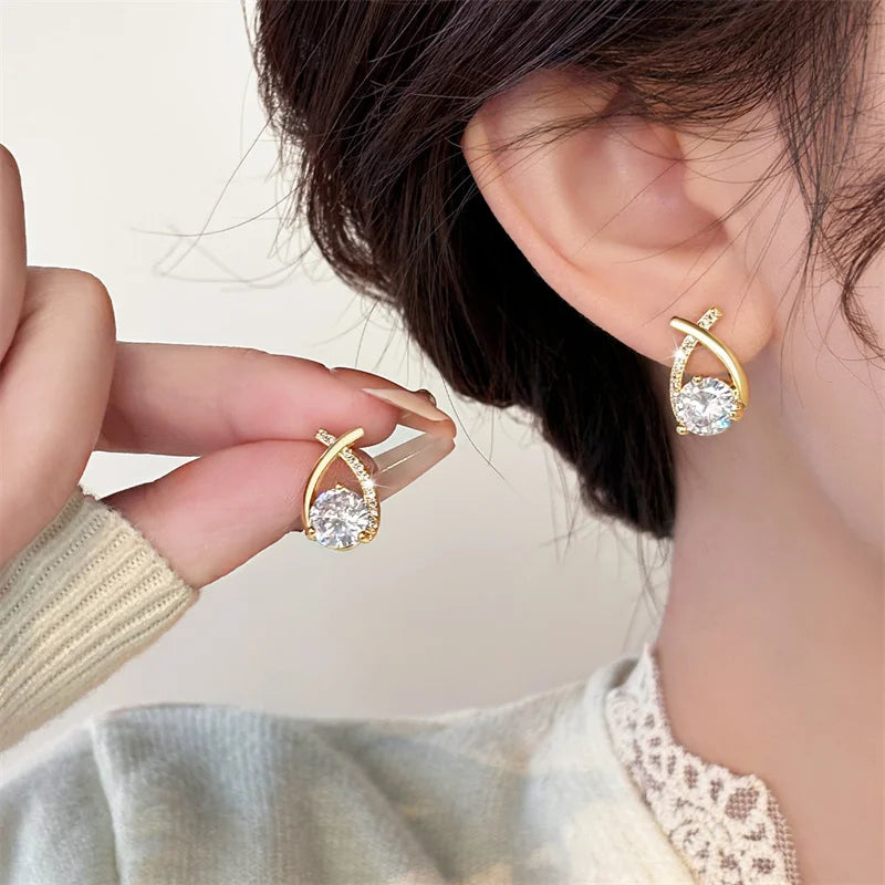 Elegant Cross Stud Earrings – Crystal Accents, Korean Style Fashion Jewelry for Women