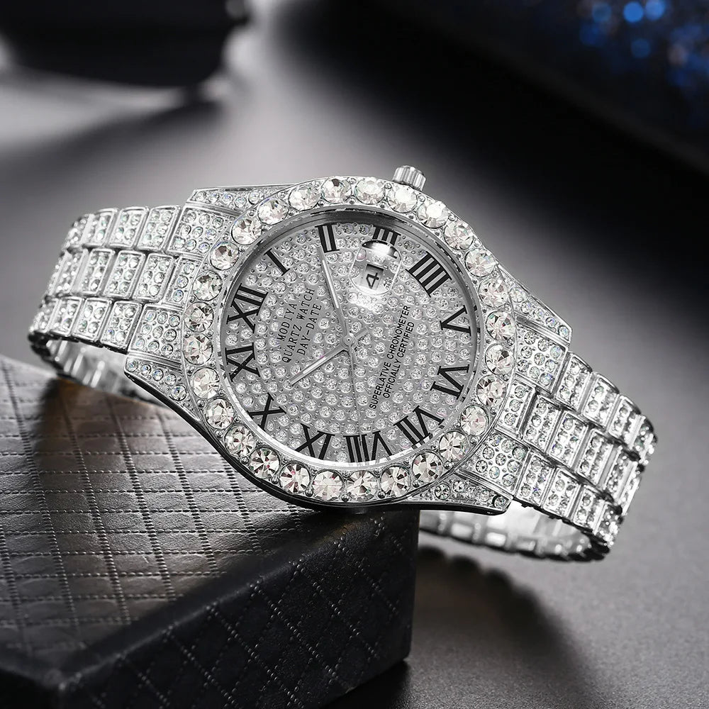 Luxury Golden Steel Men’s Watch – Roman Numerals, Rhinestone Calendar, Quartz Precision