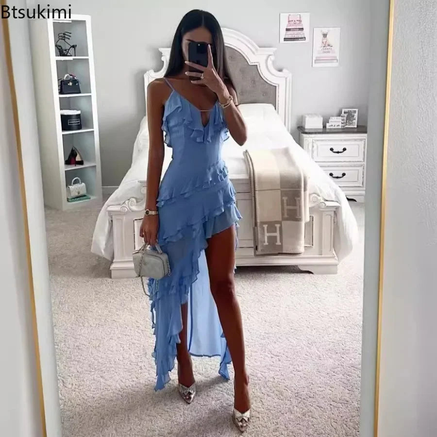 Elegant Women's V-Neck Maxi Dress – Sky Blue