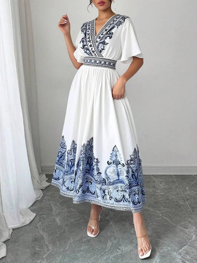 Rafiah Women's Summer White Midi Dress – V-Neck, Blue Embroidery, A-Line Fit