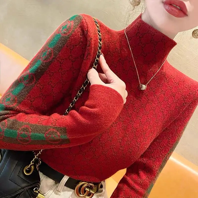 Elegant Letter Knit Pullover – Autumn Slim Fit High Collar Design
