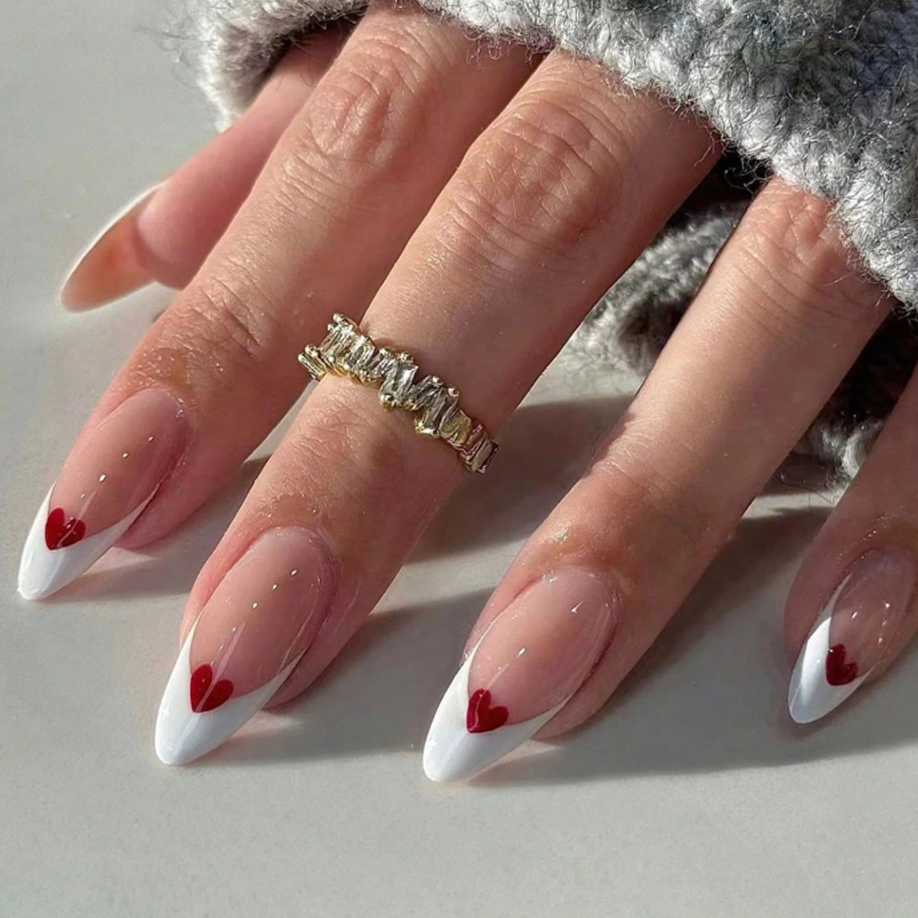 24pcs Square Press–On Nails – White French Tips with Cute Bride Heart Design, Y2K Style