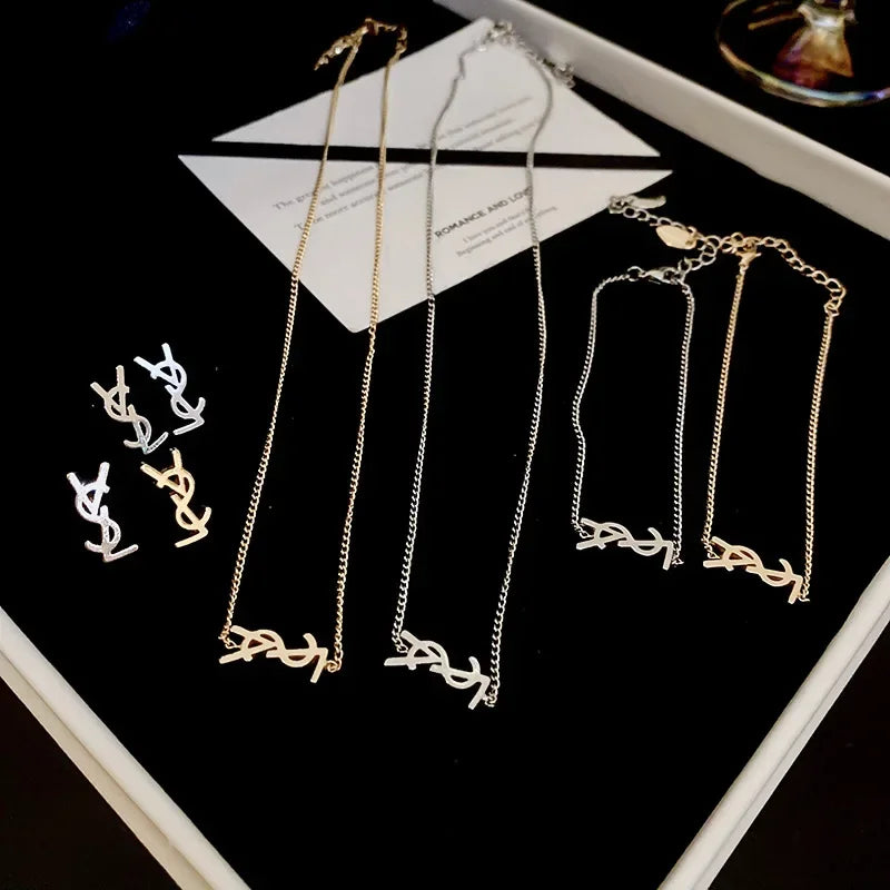 Metal Letter Necklace, Bracelet & Stud Earring Set – Sleek Minimalist Style