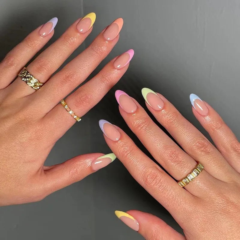 24pcs Long Almond French Tip Press-On Nails – Simple Full Cover Design