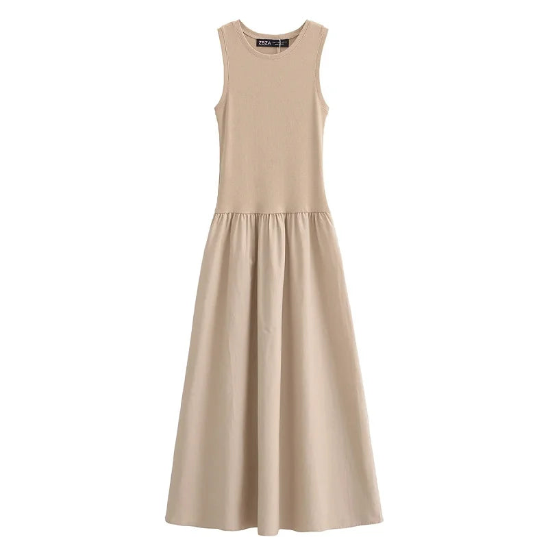 Women’s Khaki Long Dress – Sleeveless, Casual Chic