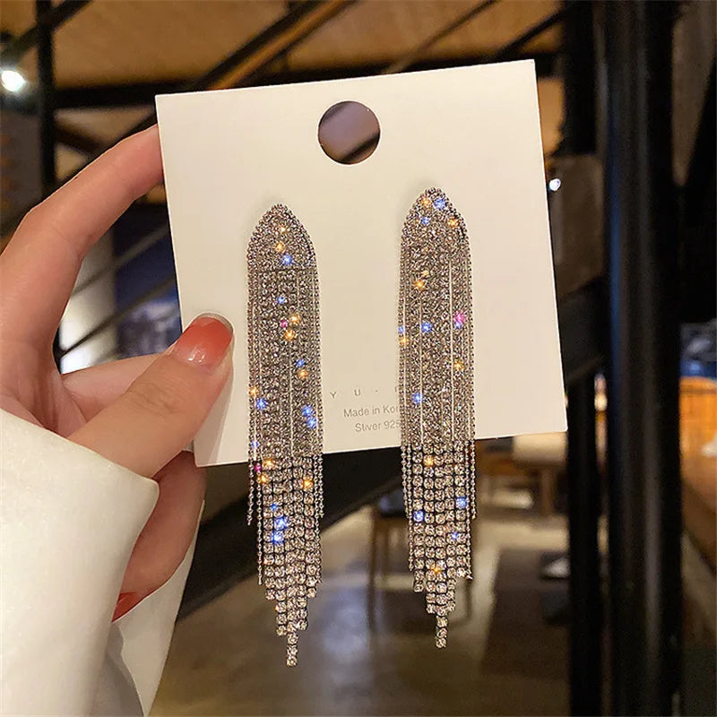 Crystal Leaf Long Tassel Earrings – Statement Gold-Tone Design, Elegant Gift Jewelry