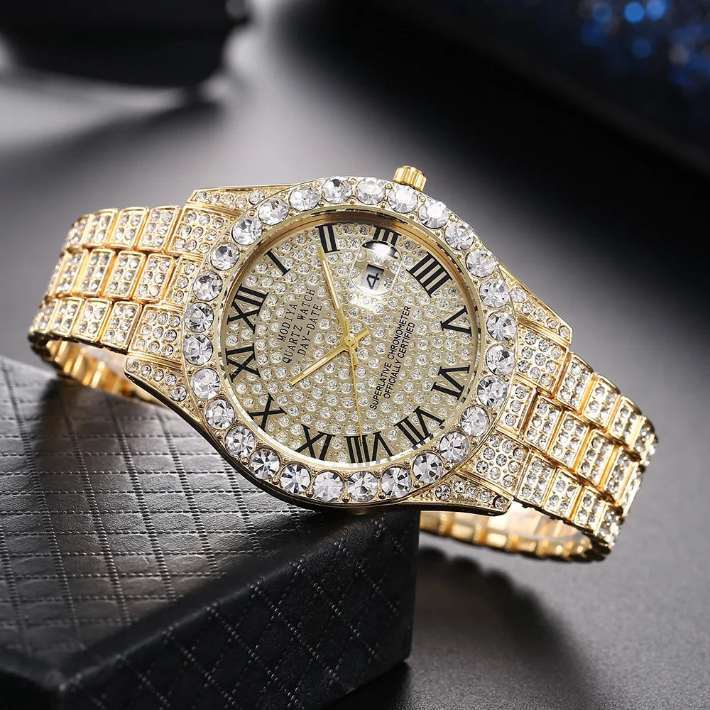Luxury Golden Steel Men’s Watch – Roman Numerals, Rhinestone Calendar, Quartz Precision