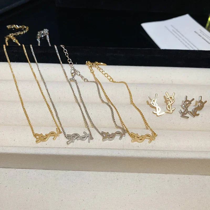 Metal Letter Necklace, Bracelet & Stud Earring Set – Sleek Minimalist Style
