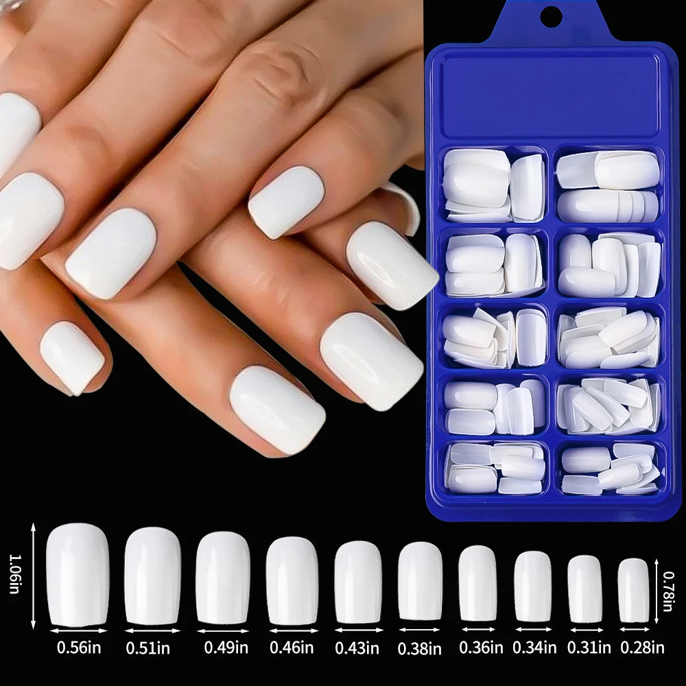 100pcs White Medium Square Press-On Nails – Full Cover Acrylic-Look False Tips, 10 Size Nail Decoration Set