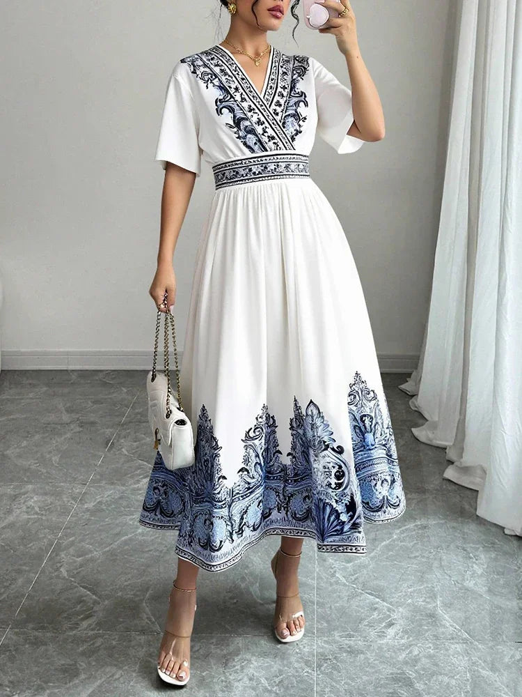 Rafiah Women's Summer White Midi Dress – V-Neck, Blue Embroidery, A-Line Fit