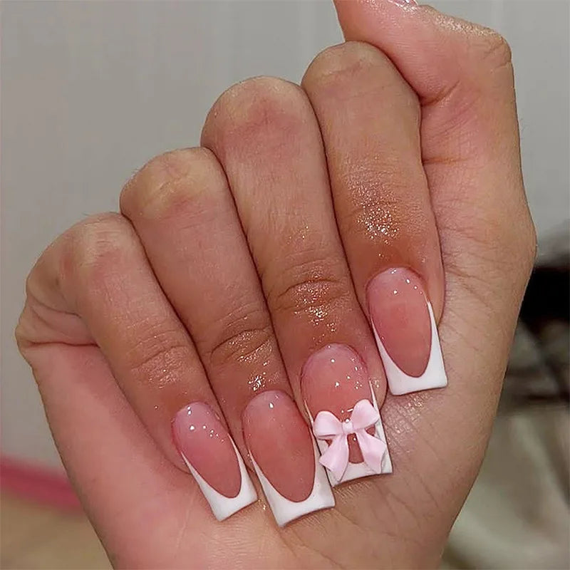 24pcs White French Press-On Nails – 3D Bowknot Design, Full Cover Wearable Set for Women