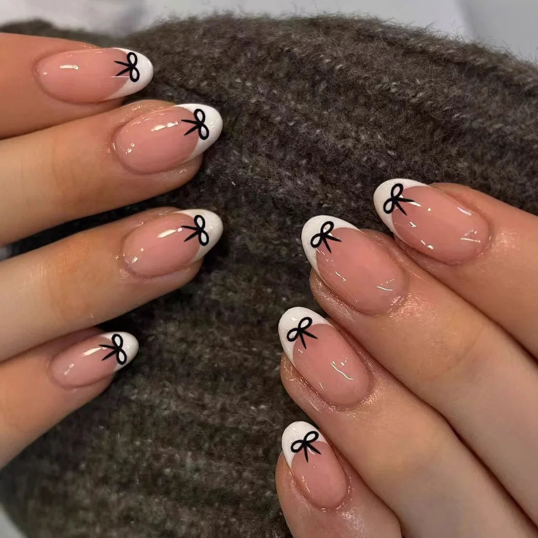 24pcs White French Press-On Nails – 3D Bowknot Design, Full Cover Wearable Set for Women