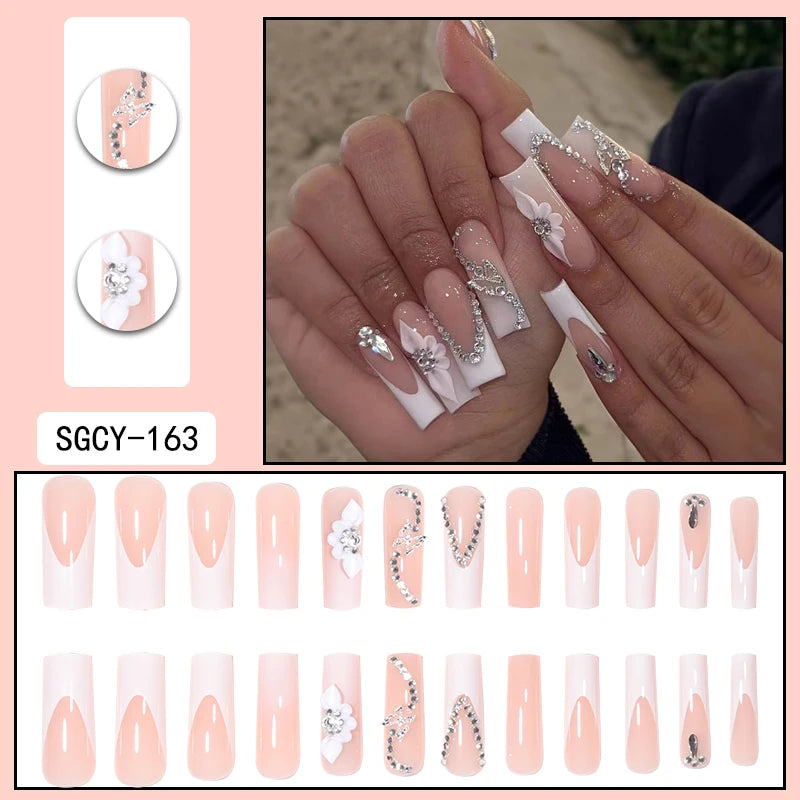 24pcs Long Coffin Press-On Nails – French Patterns with Flowers, Butterflies, and Diamond Shine