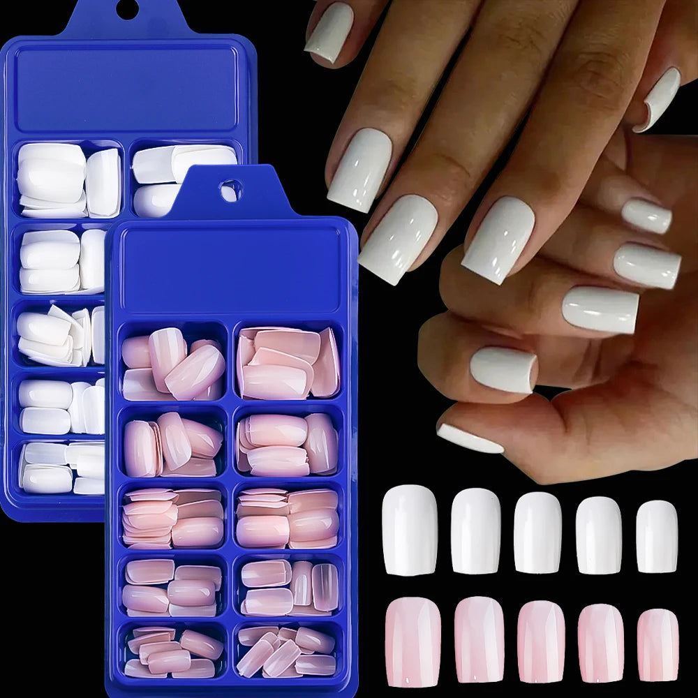 100pcs White Medium Square Press-On Nails – Full Cover Acrylic-Look False Tips, 10 Size Nail Decoration Set