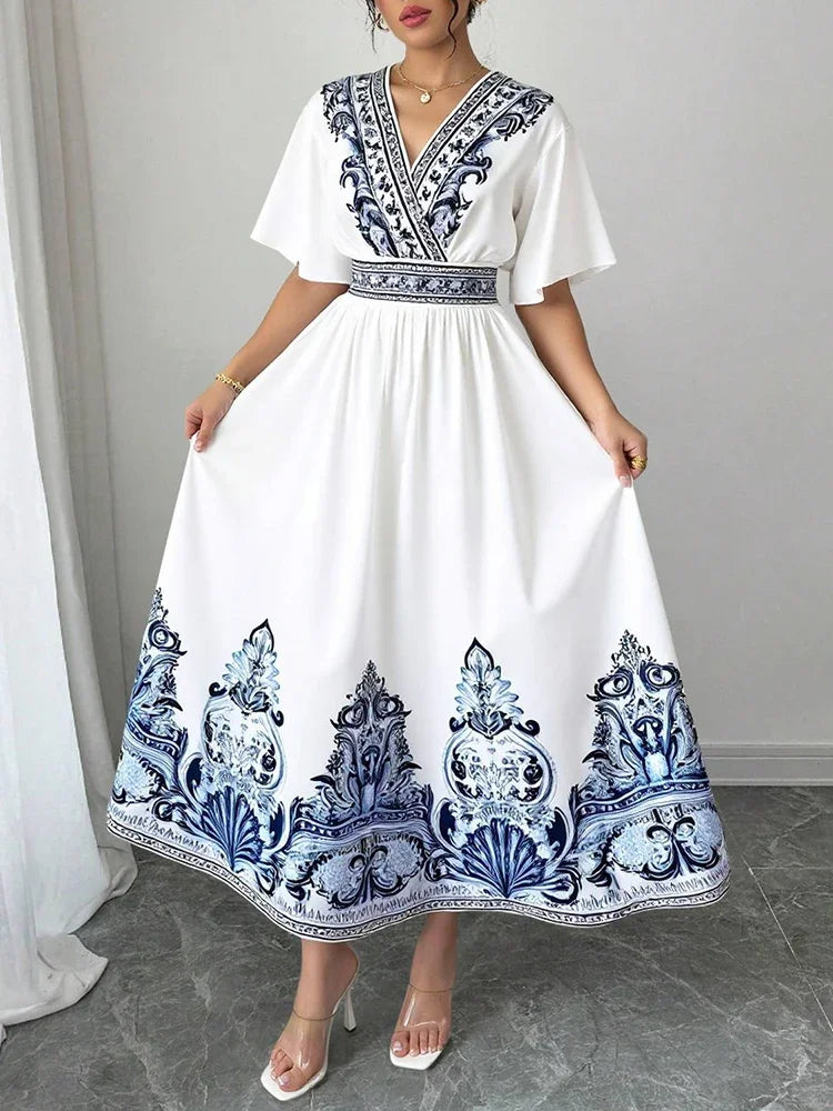 Rafiah Women's Summer White Midi Dress – V-Neck, Blue Embroidery, A-Line Fit