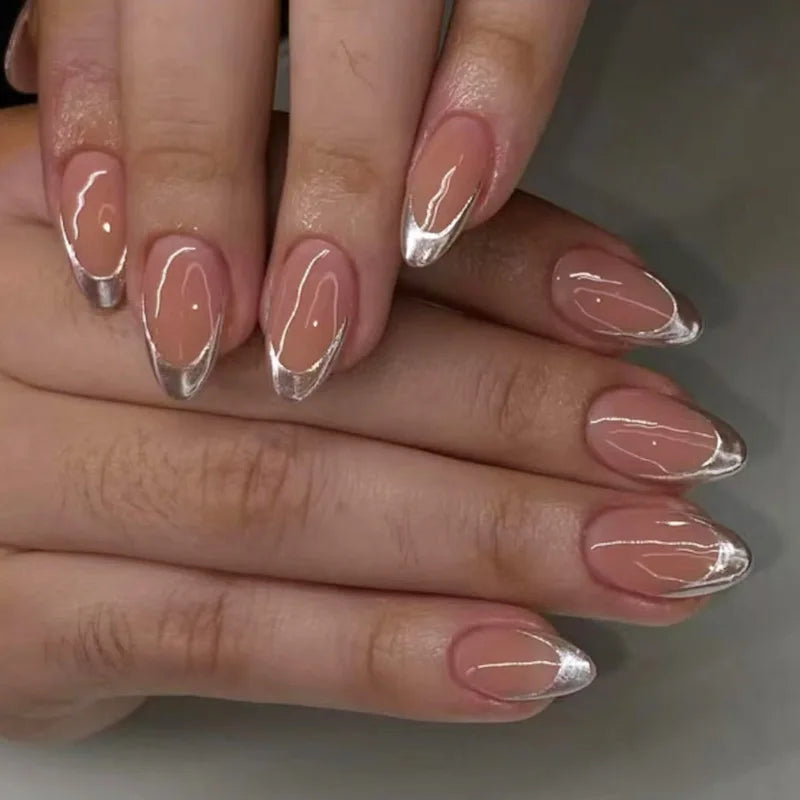 24pcs Long Almond French Tip Press-On Nails – Simple Full Cover Design