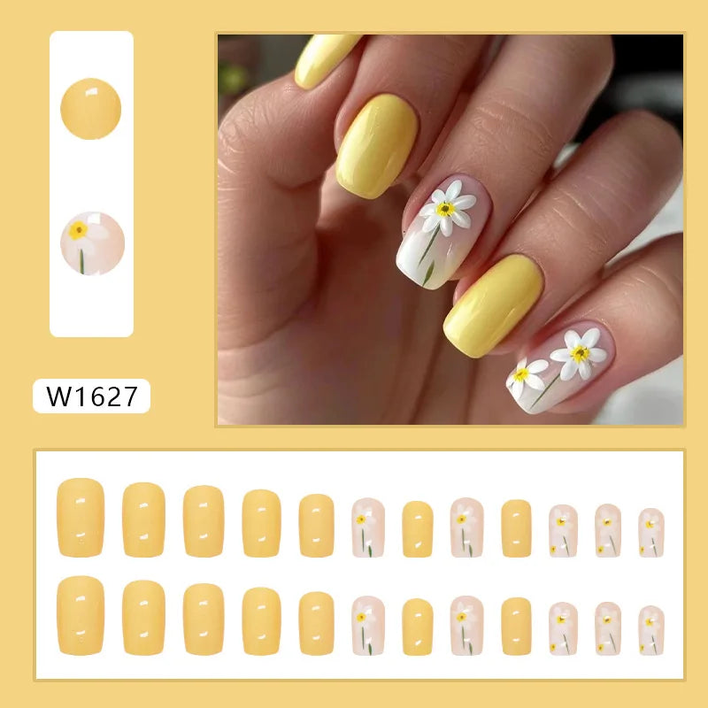 24pcs Pink Gradient Press-On Nails – Yellow Flower Design, Glossy Finish, Reusable Full Cover