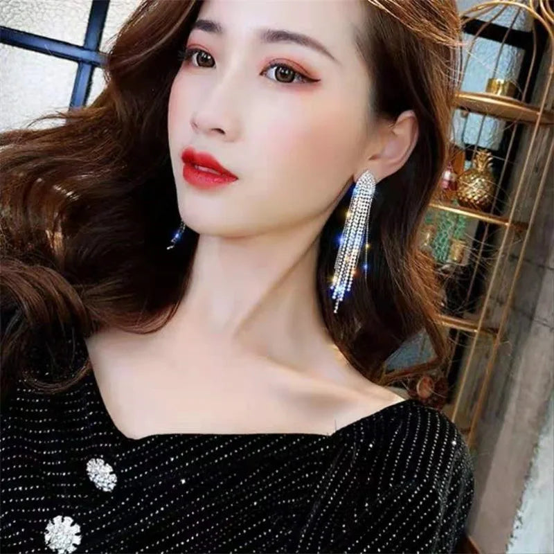 Crystal Leaf Long Tassel Earrings – Statement Gold-Tone Design, Elegant Gift Jewelry