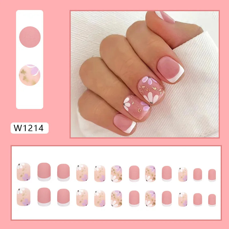 24pcs Pink Gradient Press-On Nails – Yellow Flower Design, Glossy Finish, Reusable Full Cover