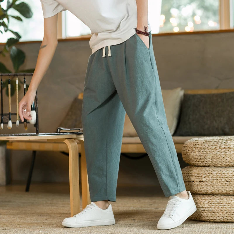 Men’s Lightweight Cotton Linen Summer Pants – Breathable, Loose Fit, Mid-Waist, Casual Style