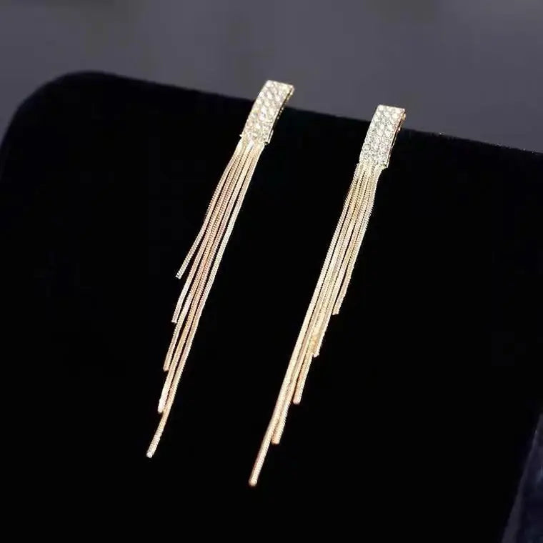 Crystal Leaf Long Tassel Earrings – Statement Gold-Tone Design, Elegant Gift Jewelry