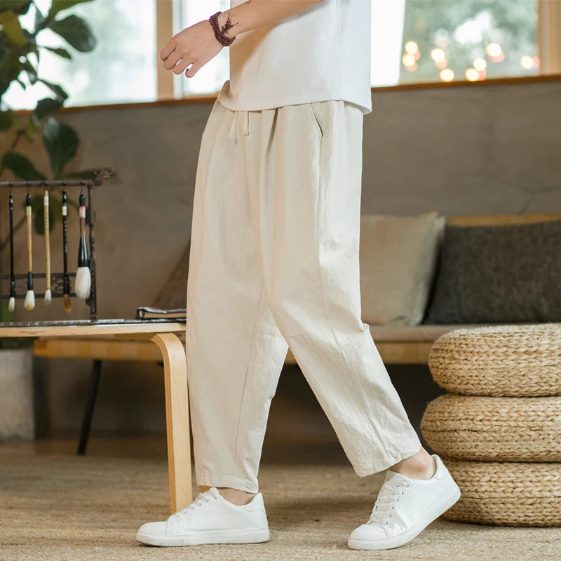 Men’s Lightweight Cotton Linen Summer Pants – Breathable, Loose Fit, Mid-Waist, Casual Style
