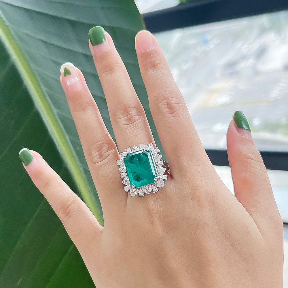 925 Sterling Silver Green Emerald-Cut Zircon Ring | Elegant Cocktail Jewelry for Women