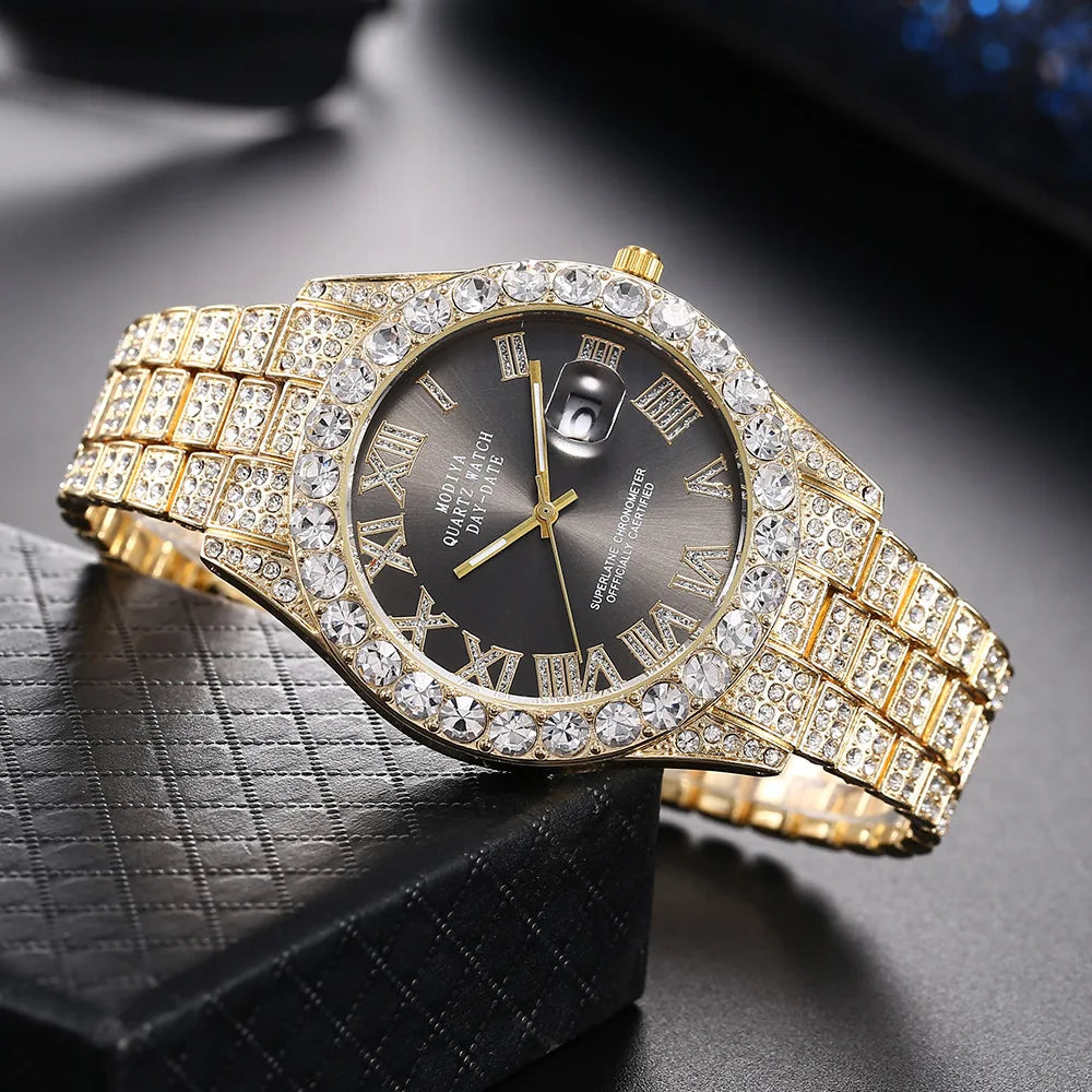 Luxury Golden Steel Men’s Watch – Roman Numerals, Rhinestone Calendar, Quartz Precision
