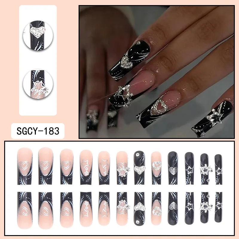 24pcs Long Coffin Press-On Nails – French Patterns with Flowers, Butterflies, and Diamond Shine