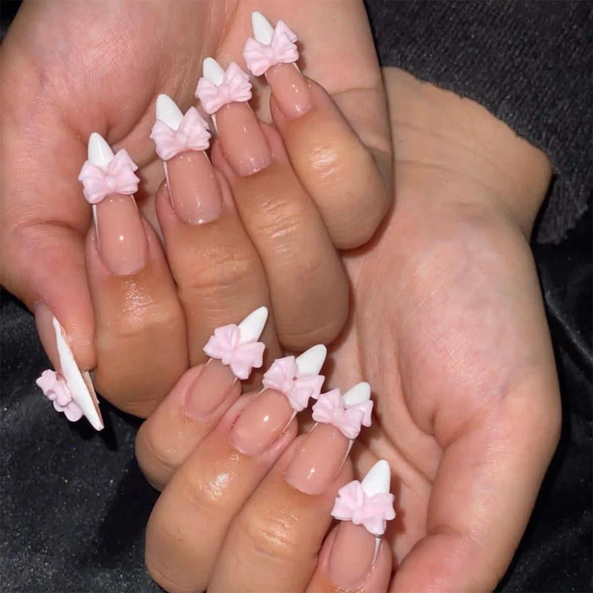 24pcs White French Press-On Nails – 3D Bowknot Design, Full Cover Wearable Set for Women