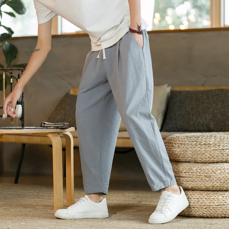 Men’s Lightweight Cotton Linen Summer Pants – Breathable, Loose Fit, Mid-Waist, Casual Style