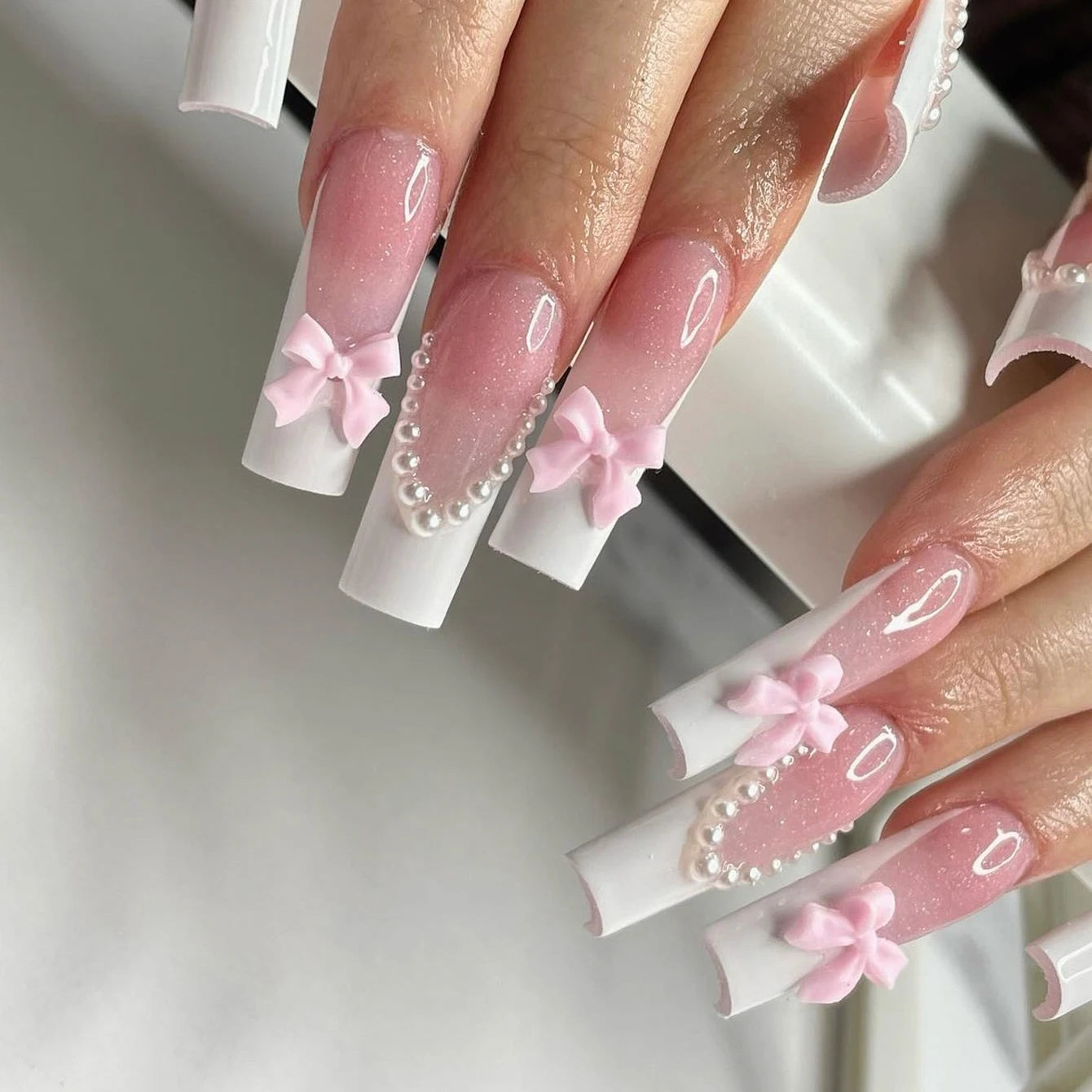 24pcs Medium Stiletto Press-On Nails – Pink Bowknot Fingertip Design, Full Cover Set